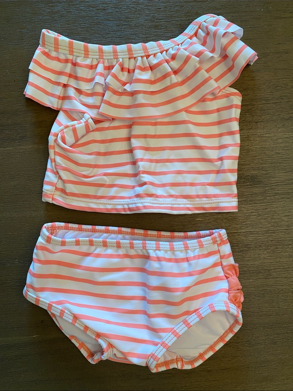 Ruffle Butts Coral and White Striped Girls' Swim Bikini Set